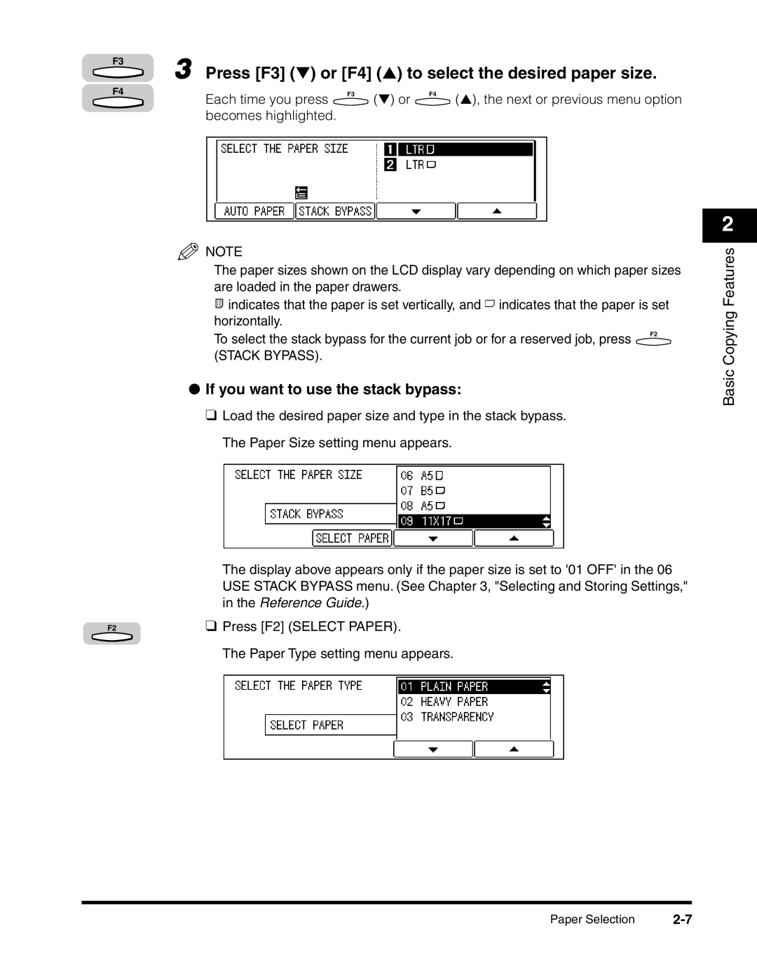 Canon 2300 manual Press F3 or F4 to select the desired paper size, If you want to use the stack bypass, Each time you press 