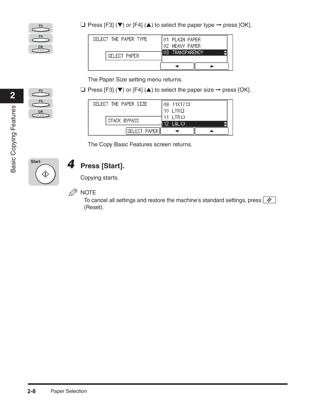 Canon 2300 manual Press Start, Paper Size setting menu returns 