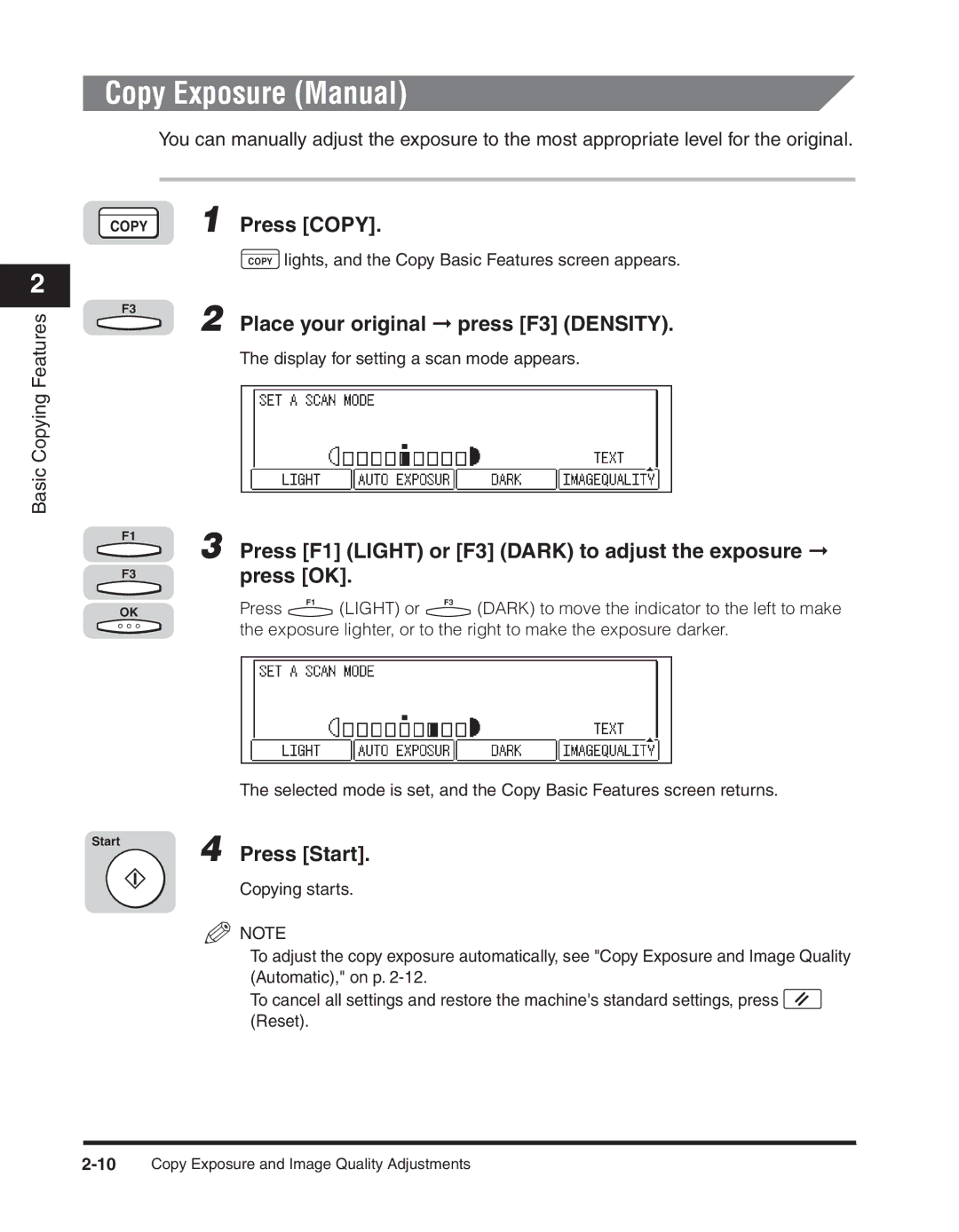 Canon 2300 manual Copy Exposure Manual, Place your original press F3 Density 