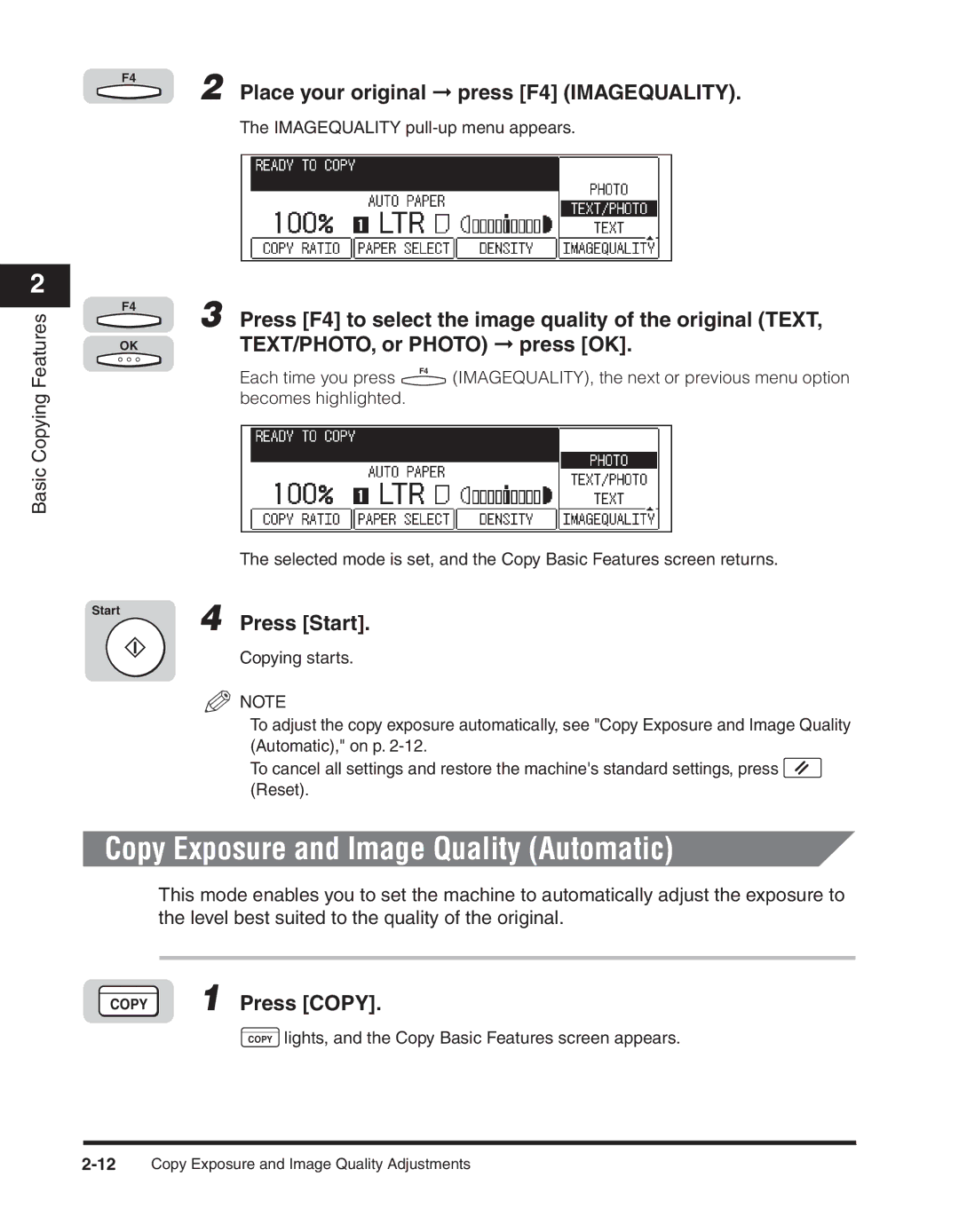 Canon 2300 manual Copy Exposure and Image Quality Automatic, Place your original press F4 Imagequality 