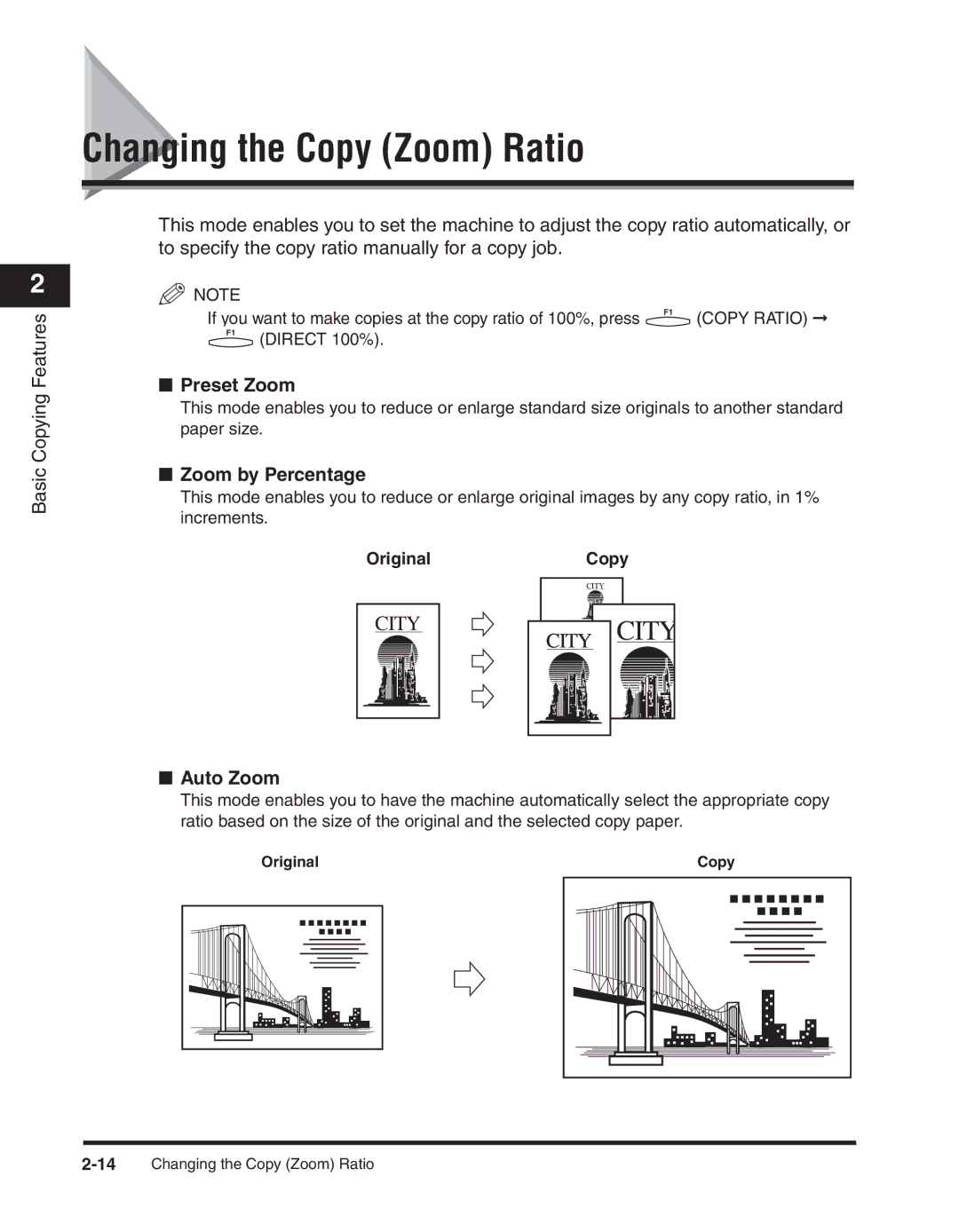 Canon 2300 manual Changing the Copy Zoom Ratio, Preset Zoom, Zoom by Percentage, Auto Zoom, Original Copy 