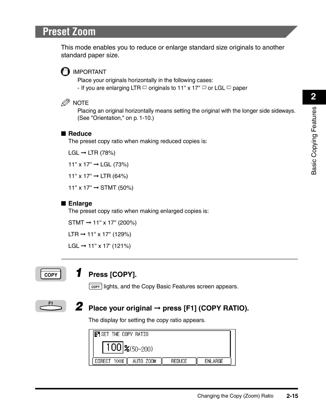 Canon 2300 manual Preset Zoom, Place your original press F1 Copy Ratio, Reduce, Enlarge 