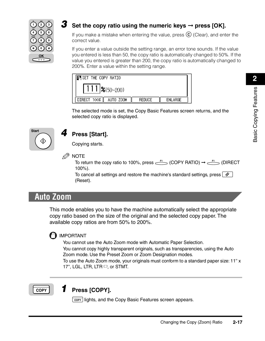 Canon 2300 manual Auto Zoom, Set the copy ratio using the numeric keys press OK, Correct value 