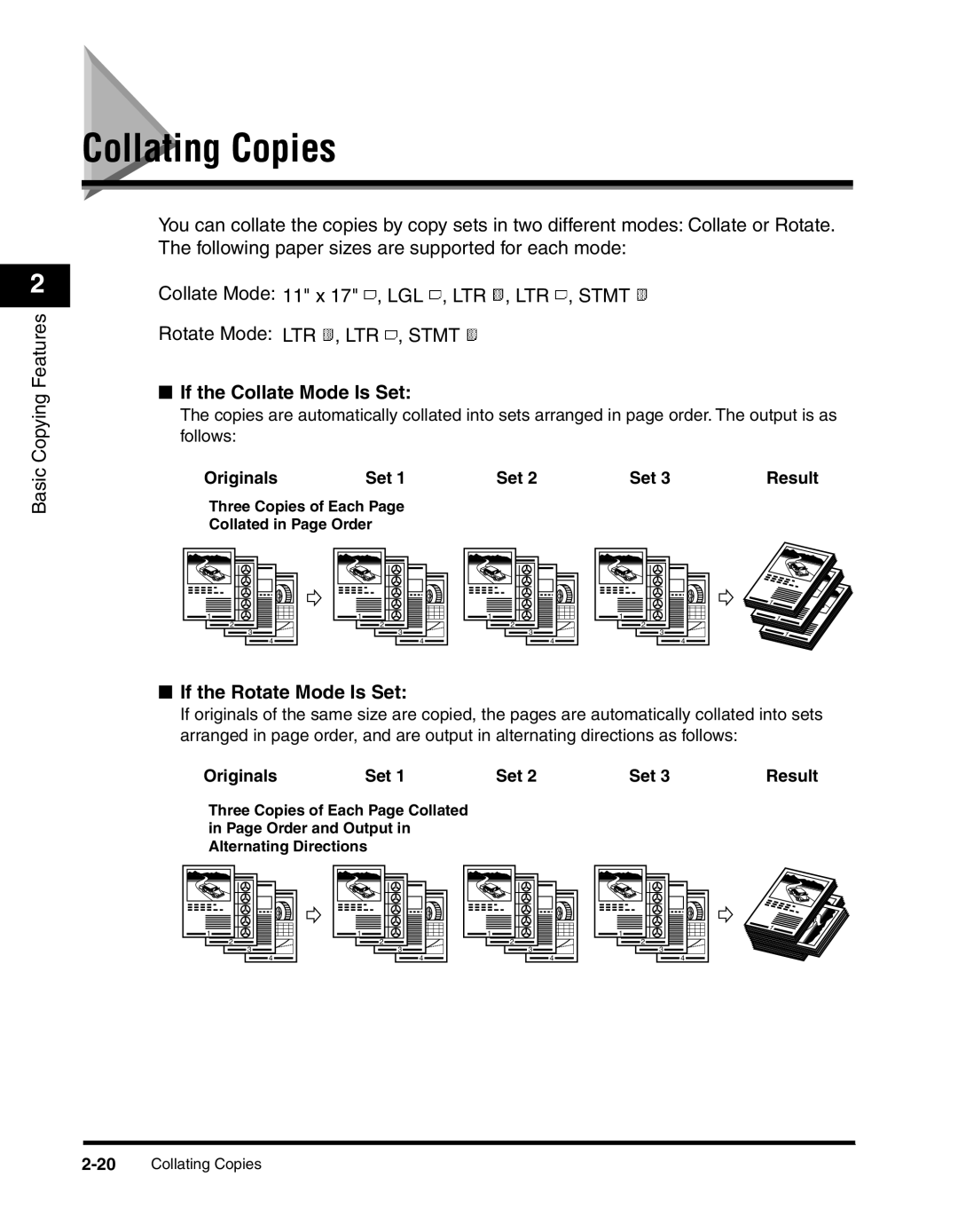 Canon 2300 manual Collating Copies, If the Collate Mode Is Set, If the Rotate Mode Is Set, Originals Set Result 