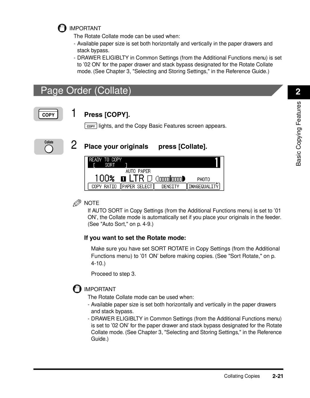 Canon 2300 manual Order Collate, Place your originals press Collate, If you want to set the Rotate mode 