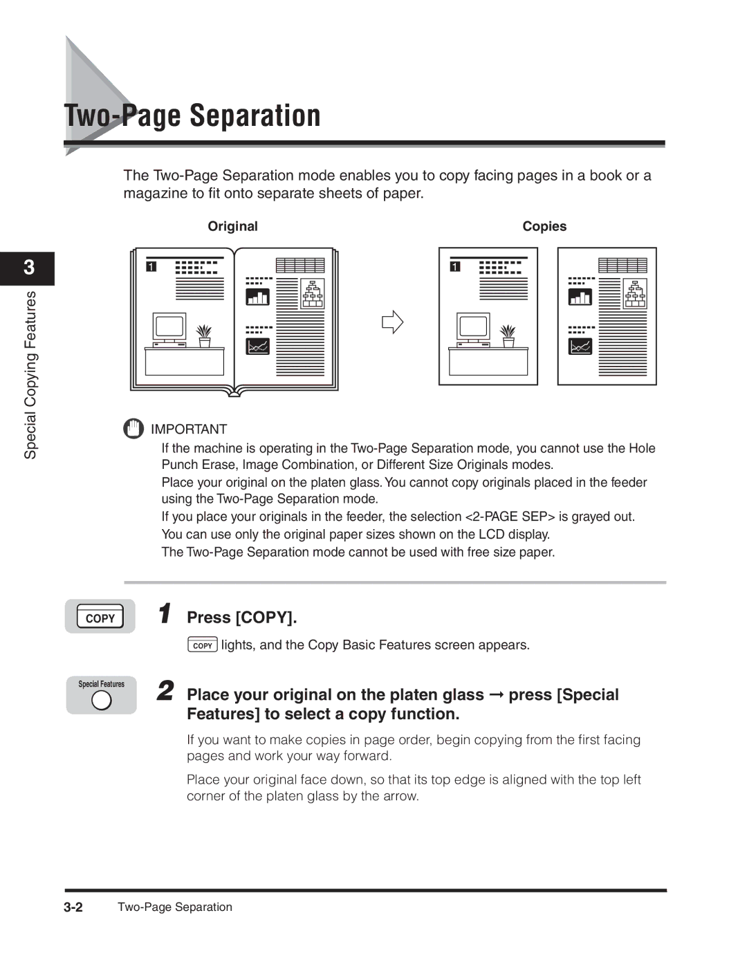 Canon 2300 Two-Page Separation, Place your original on the platen glass press Special, Features to select a copy function 