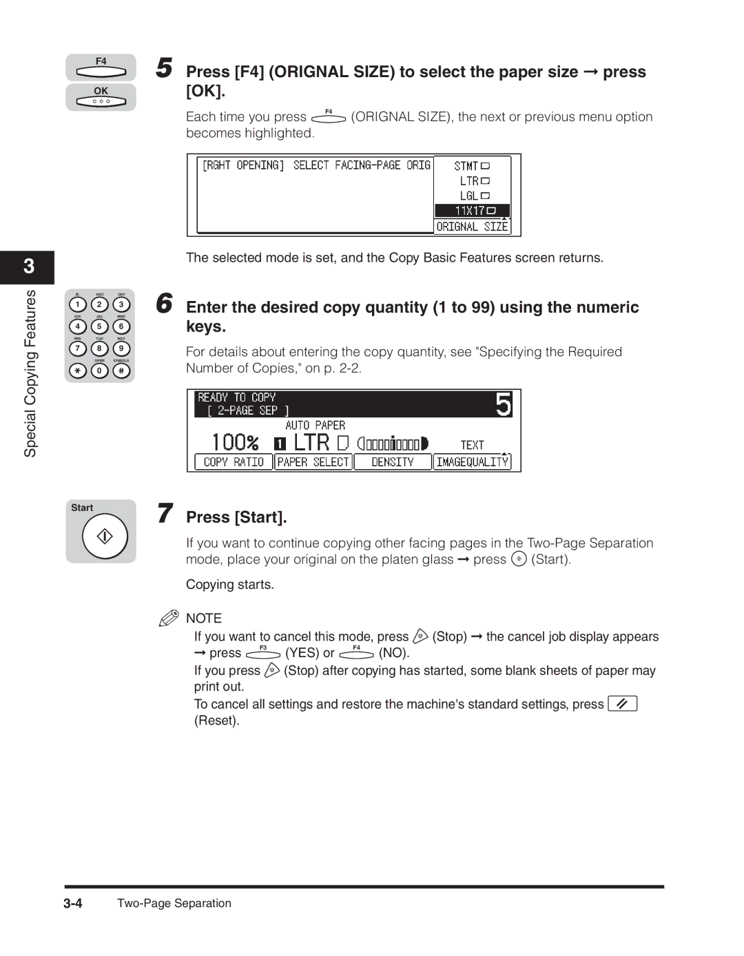 Canon 2300 manual Press F4 Orignal Size to select the paper size press OK, Special Copying Features 