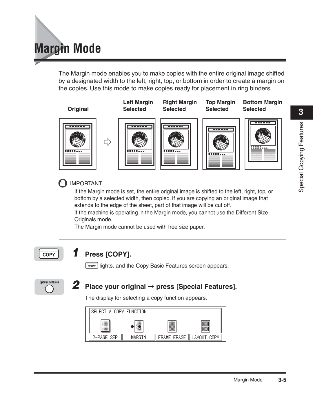 Canon 2300 manual Margin Mode, Copy 1 Press Copy 