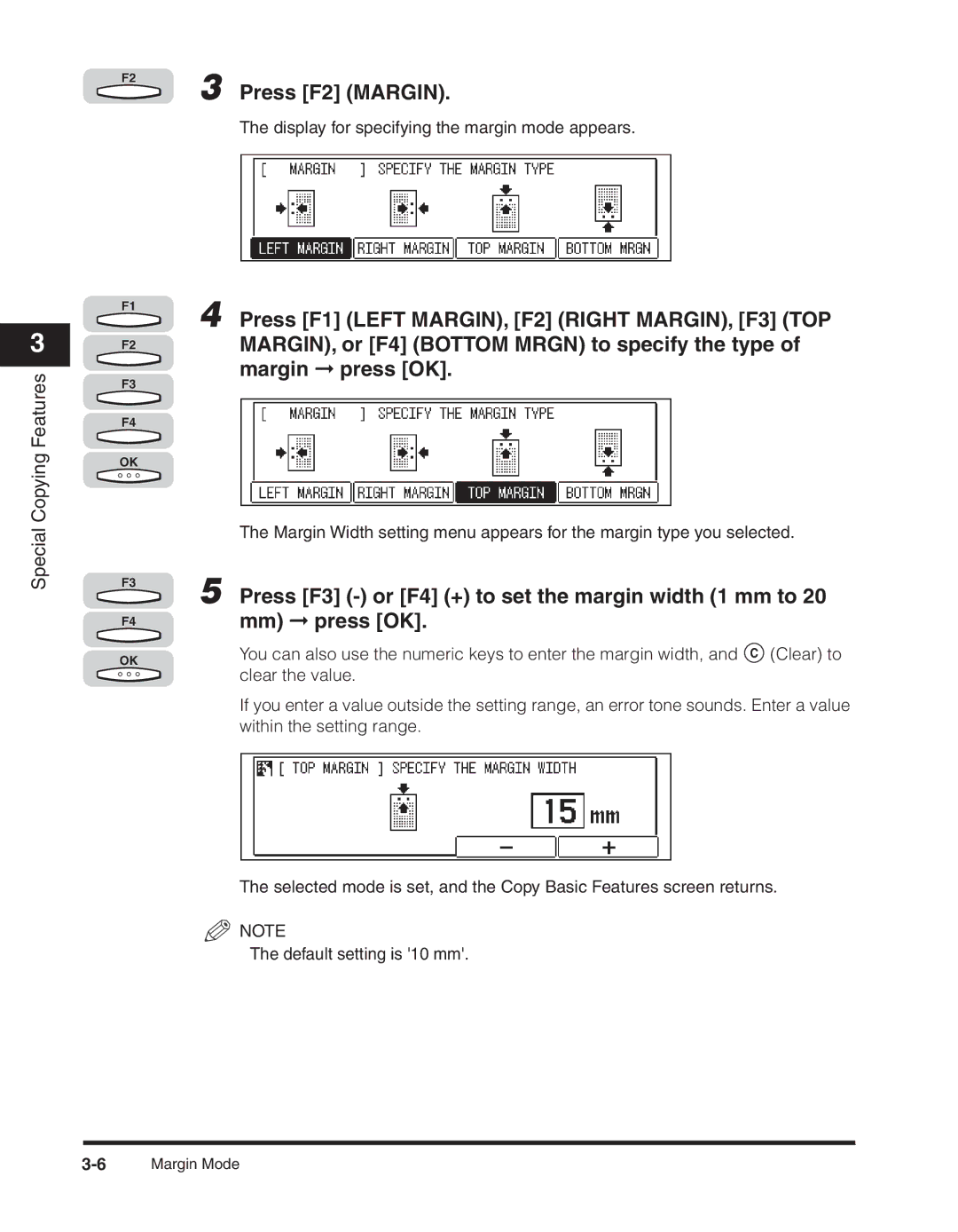 Canon 2300 manual Press F2 Margin, MARGIN, or F4 Bottom Mrgn to specify the type, Margin press OK, Mm press OK 