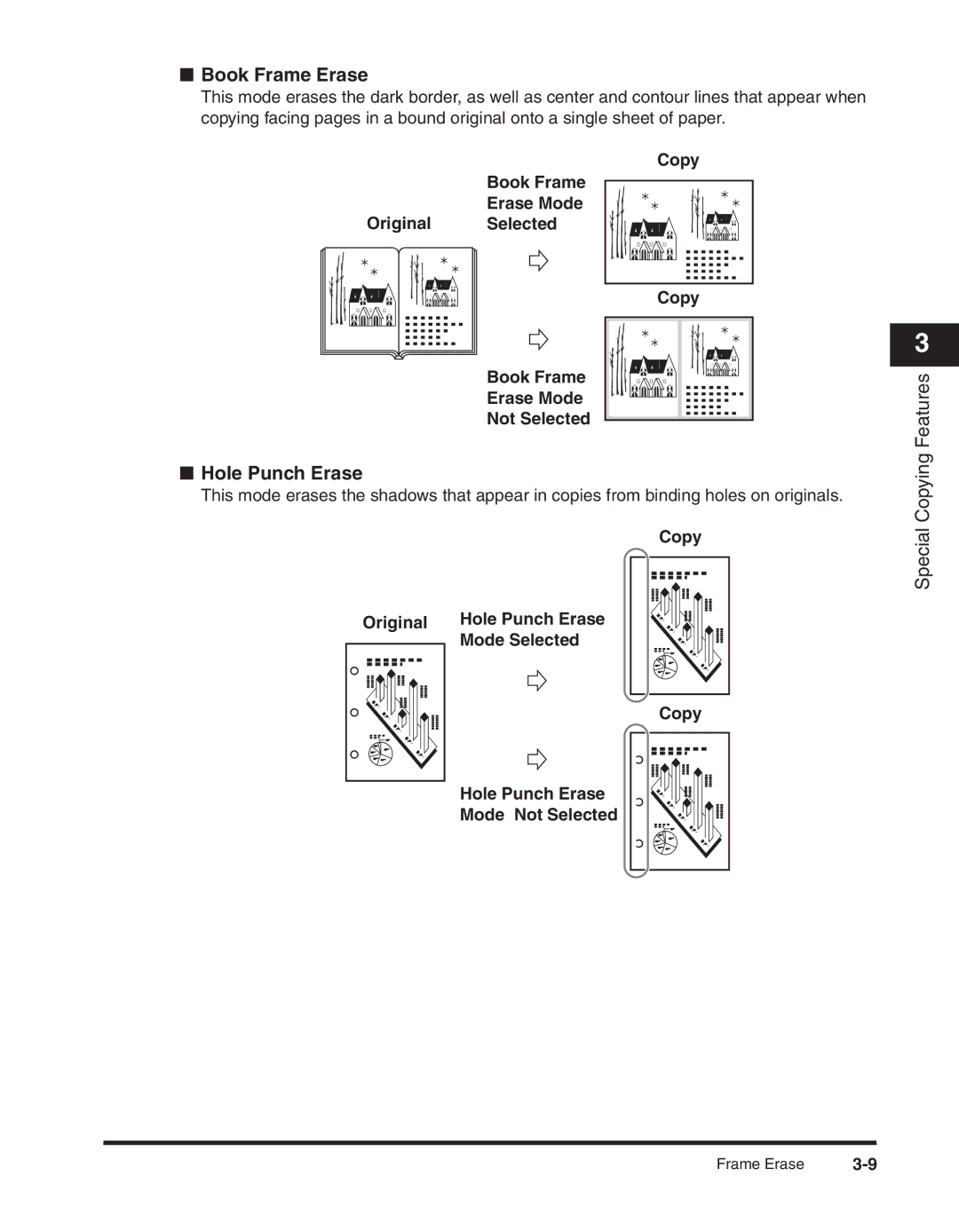 Canon 2300 manual Hole Punch Erase, Book Frame Erase Mode Original Selected Copy Not Selected 