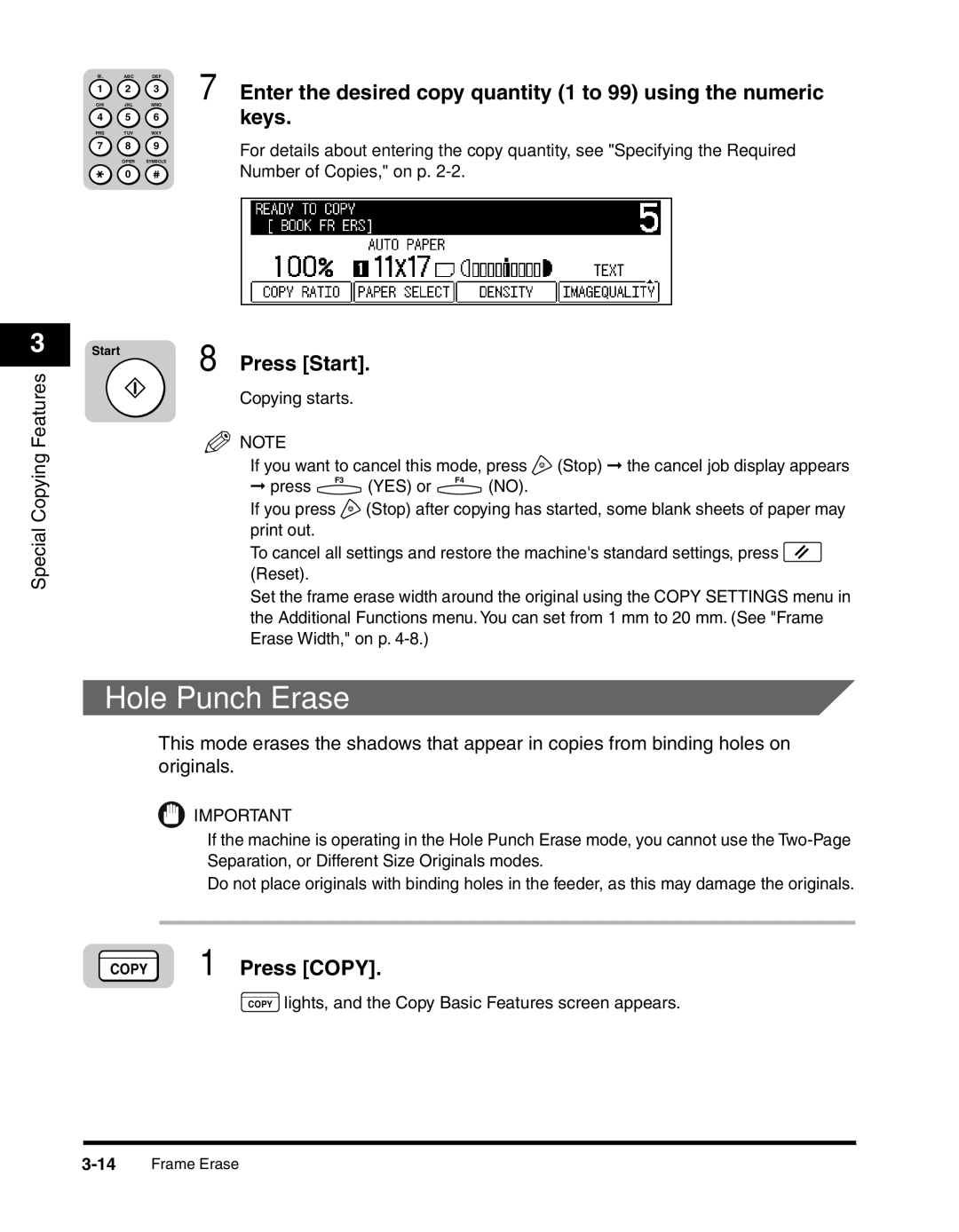 Canon 2300 manual Hole Punch Erase, Enter the desired copy quantity 1 to 99 using the numeric 