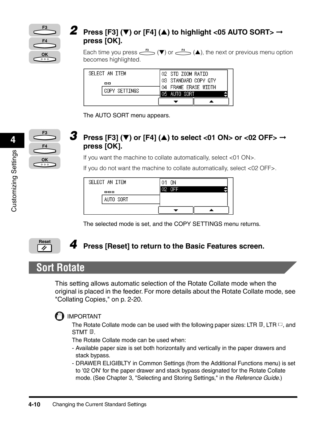 Canon 2300 manual Sort Rotate, Press F3 or F4 to highlight 05 Auto Sort, Press F3 or F4 to select 01 on or 02 OFF 