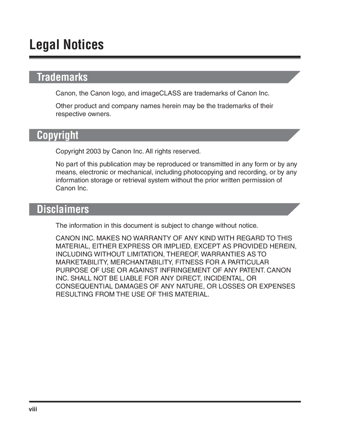 Canon 2300 manual Legal Notices, Trademarks, Copyright, Disclaimers, Viii 