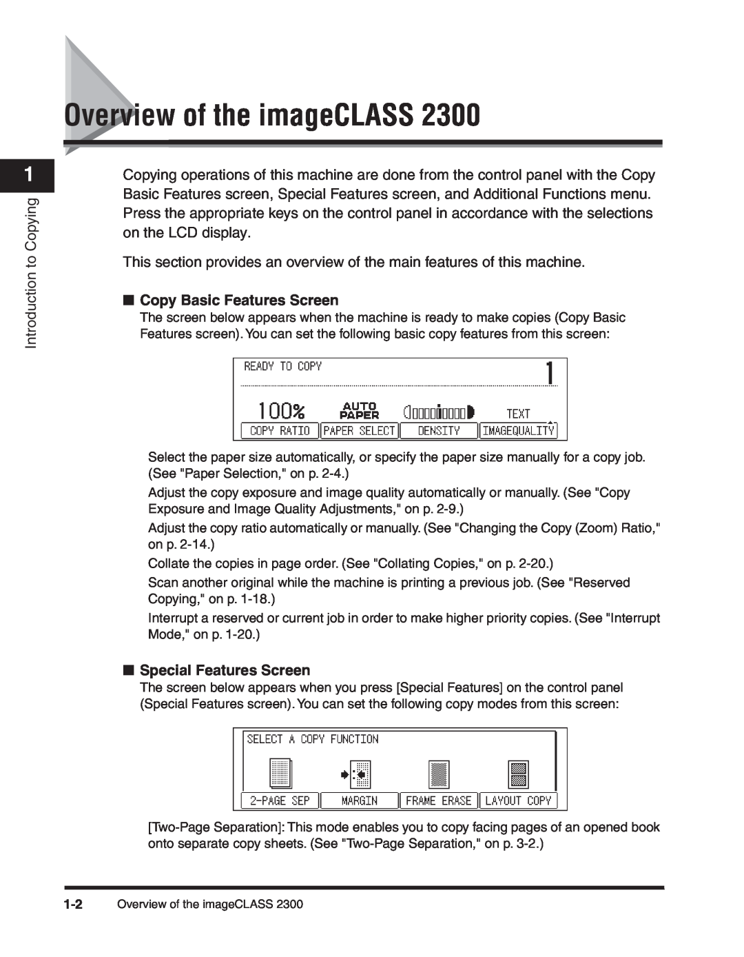 Canon 2300 manual Overview of the imageCLASS, Introduction to Copying, Copy Basic Features Screen, Special Features Screen 