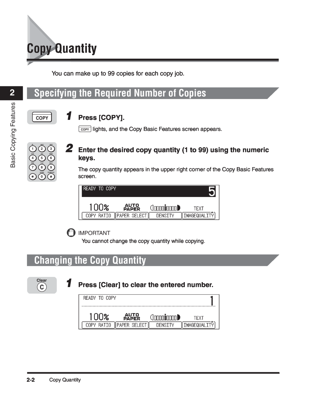 Canon 2300 manual Specifying the Required Number of Copies, Changing the Copy Quantity, Press COPY, keys, Oper Symbols 