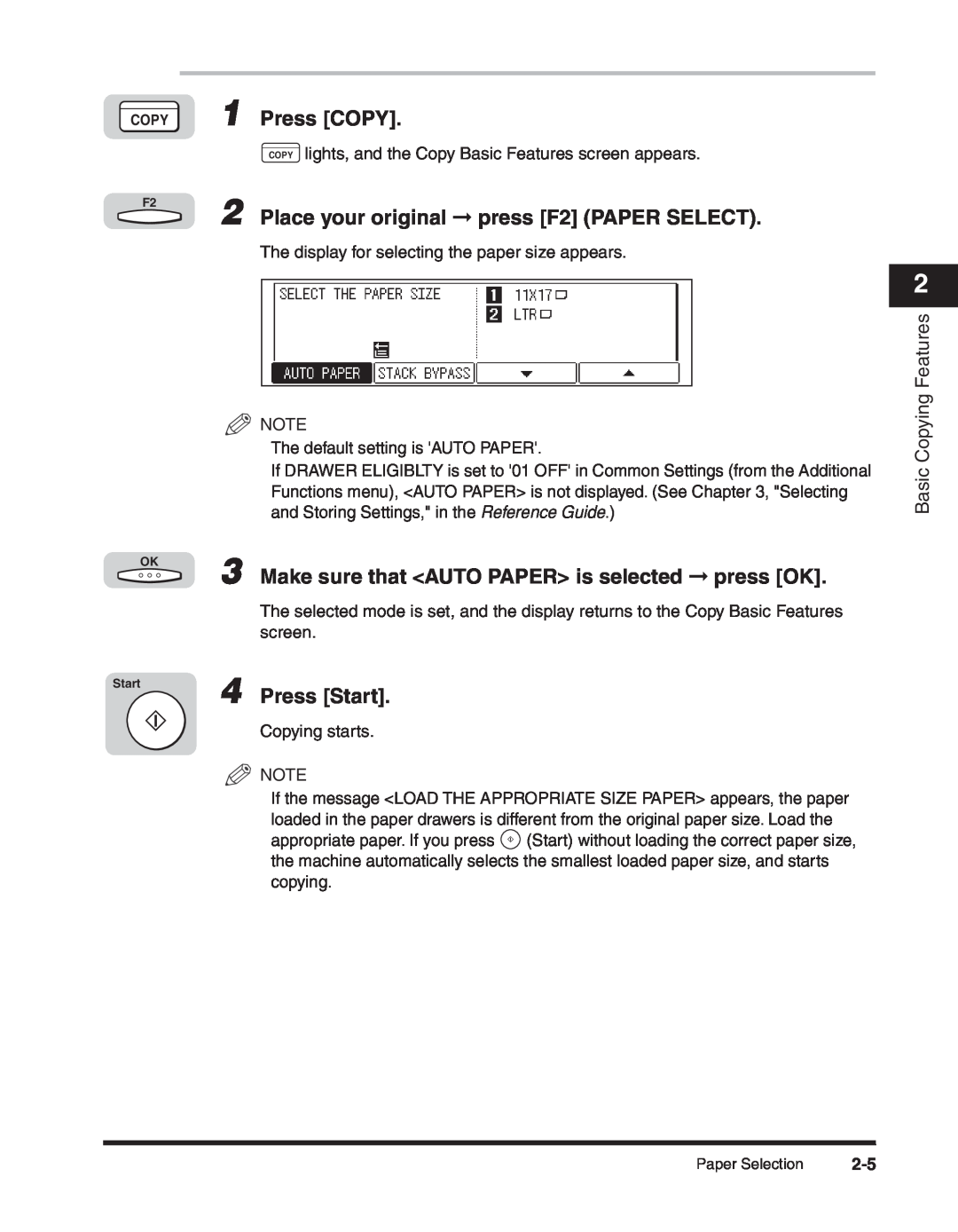 Canon 2300 manual Place your original press F2 PAPER SELECT, Make sure that AUTO PAPER is selected press OK, Press COPY 