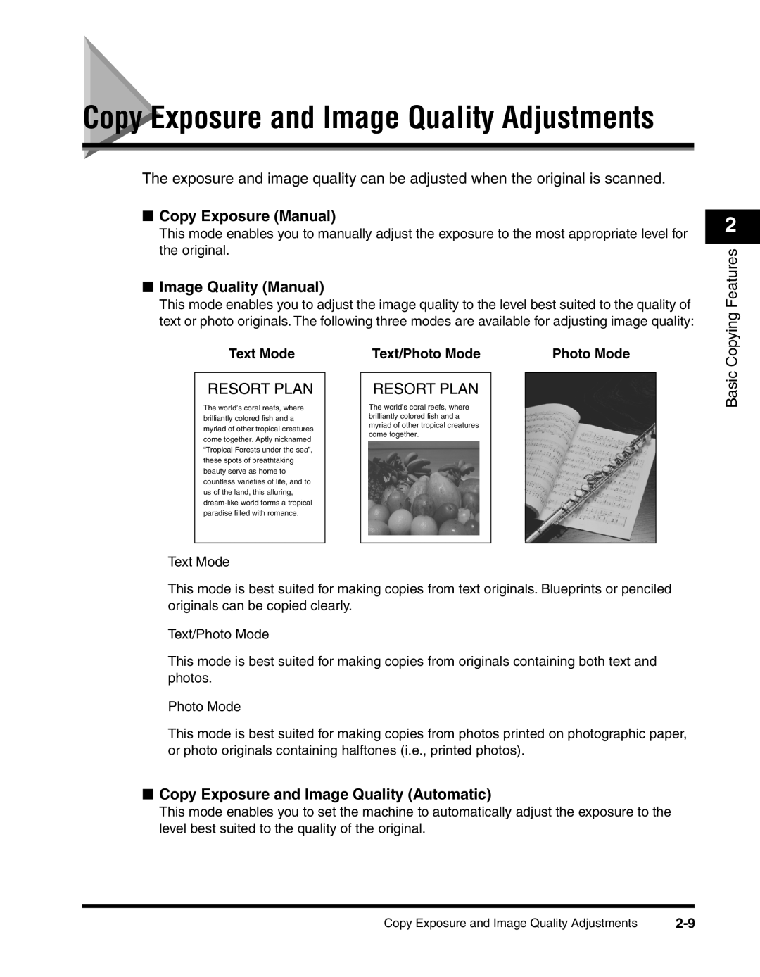 Canon 2300 Copy Exposure and Image Quality Adjustments, Copy Exposure Manual, Image Quality Manual, Basic Copying Features 