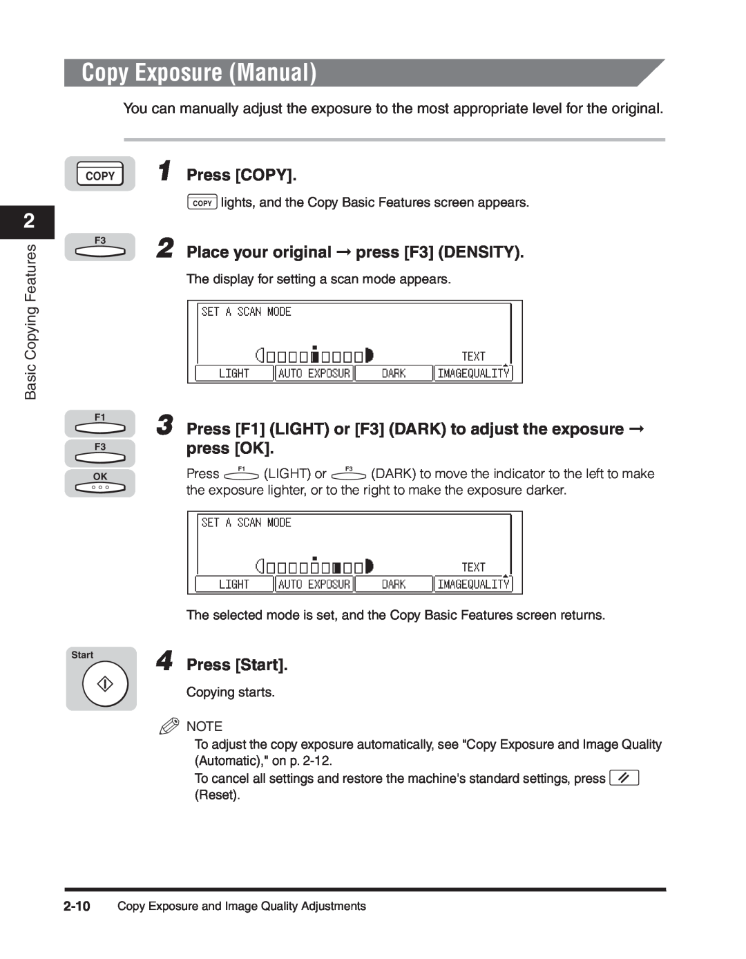Canon 2300 Copy Exposure Manual, Place your original press F3 DENSITY, Press COPY, Press Start, Basic Copying Features 