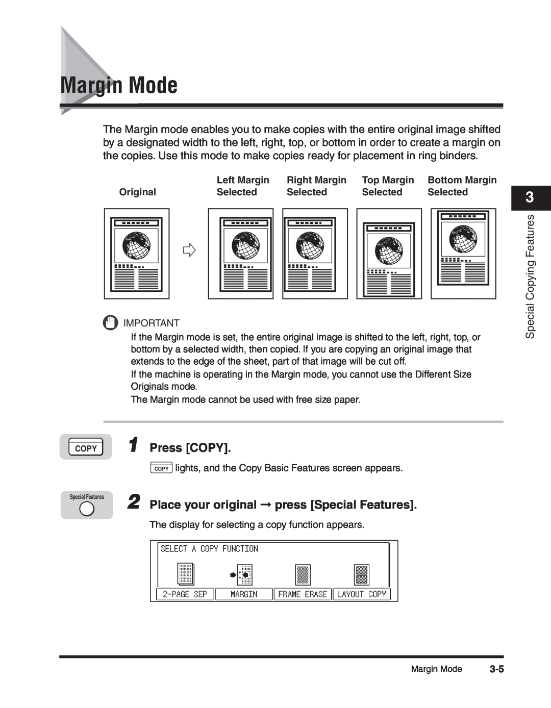 Canon 2300 manual Margin Mode, Place your original press Special Features, COPY 1 Press COPY, Copying Features 