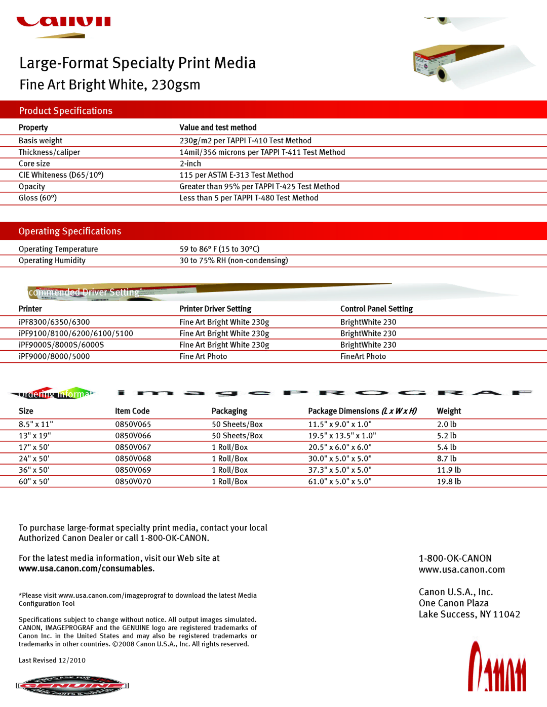 Canon 230GSM Large-Format Specialty Print Media, Product Specifications, Operating Specifications, Ordering Information 