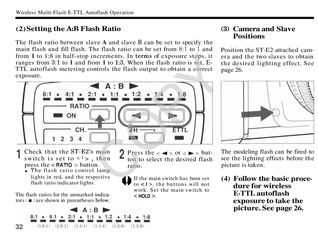 Canon 2478A002 manual Setting the AB Flash Ratio, 3Camera and Slave Positions 