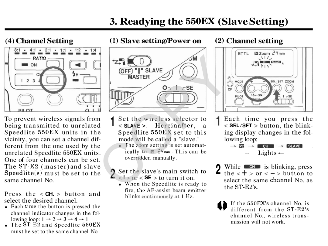 Canon 2478A002 manual Readying the 550EX Slave Setting, Channel Setting1 Slave settingIPower on 2 Channel setting 