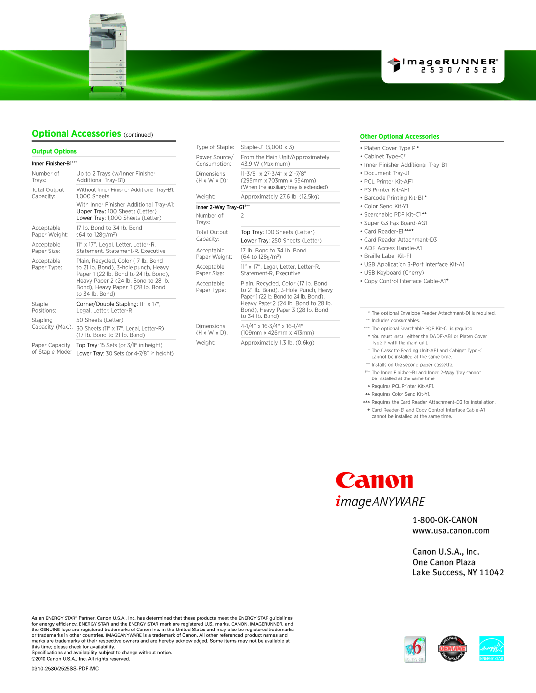 Canon 2525, 2530 specifications Output Options, Other Optional Accessories 