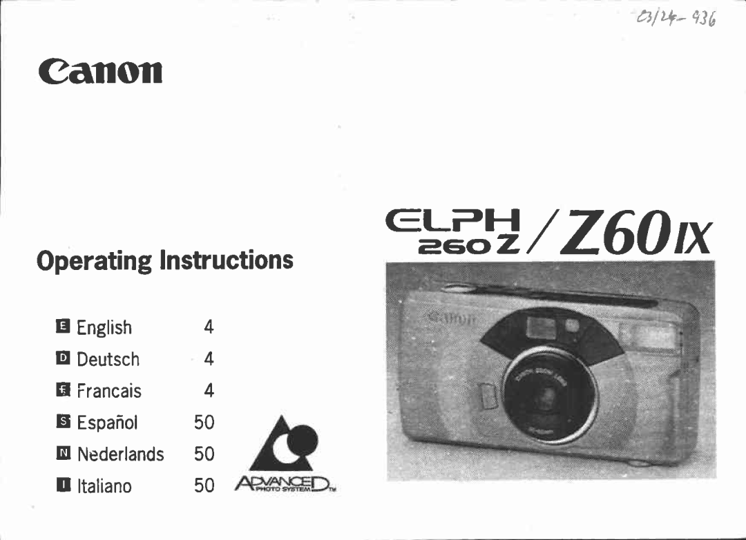 Canon Z60IX, 260Z manual 