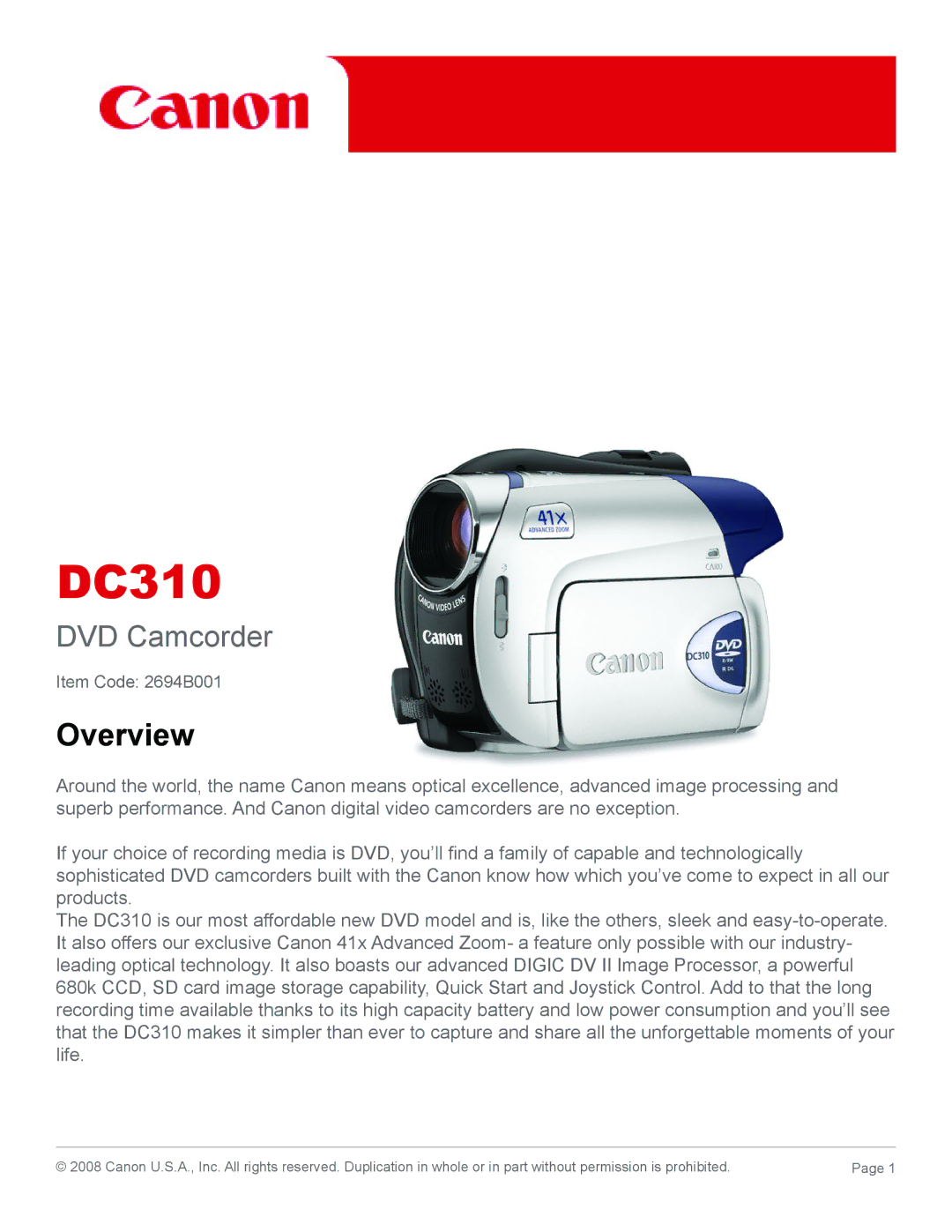 Canon 2694B001 quick start DC310 