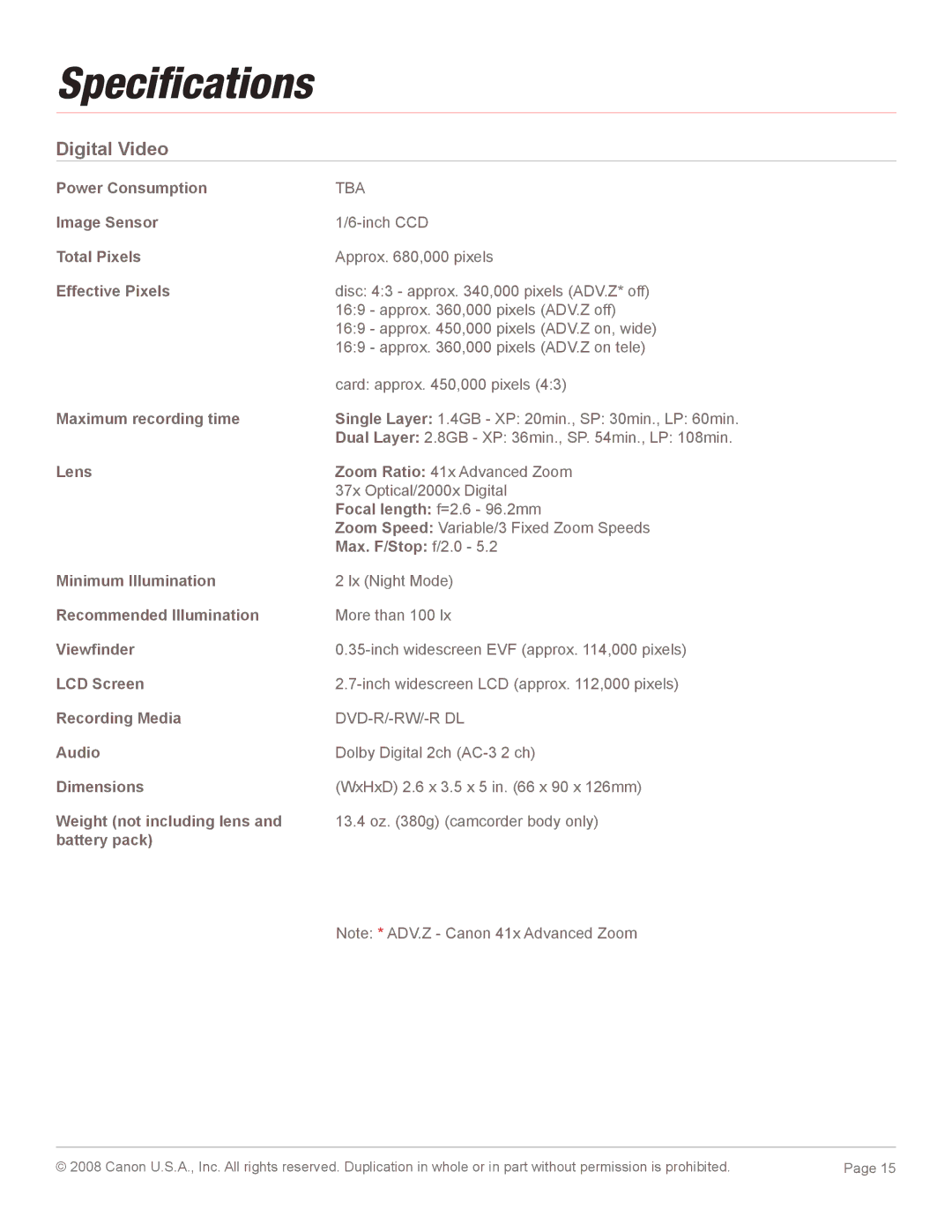 Canon 2694B001 quick start Speciﬁcations, Digital Video 