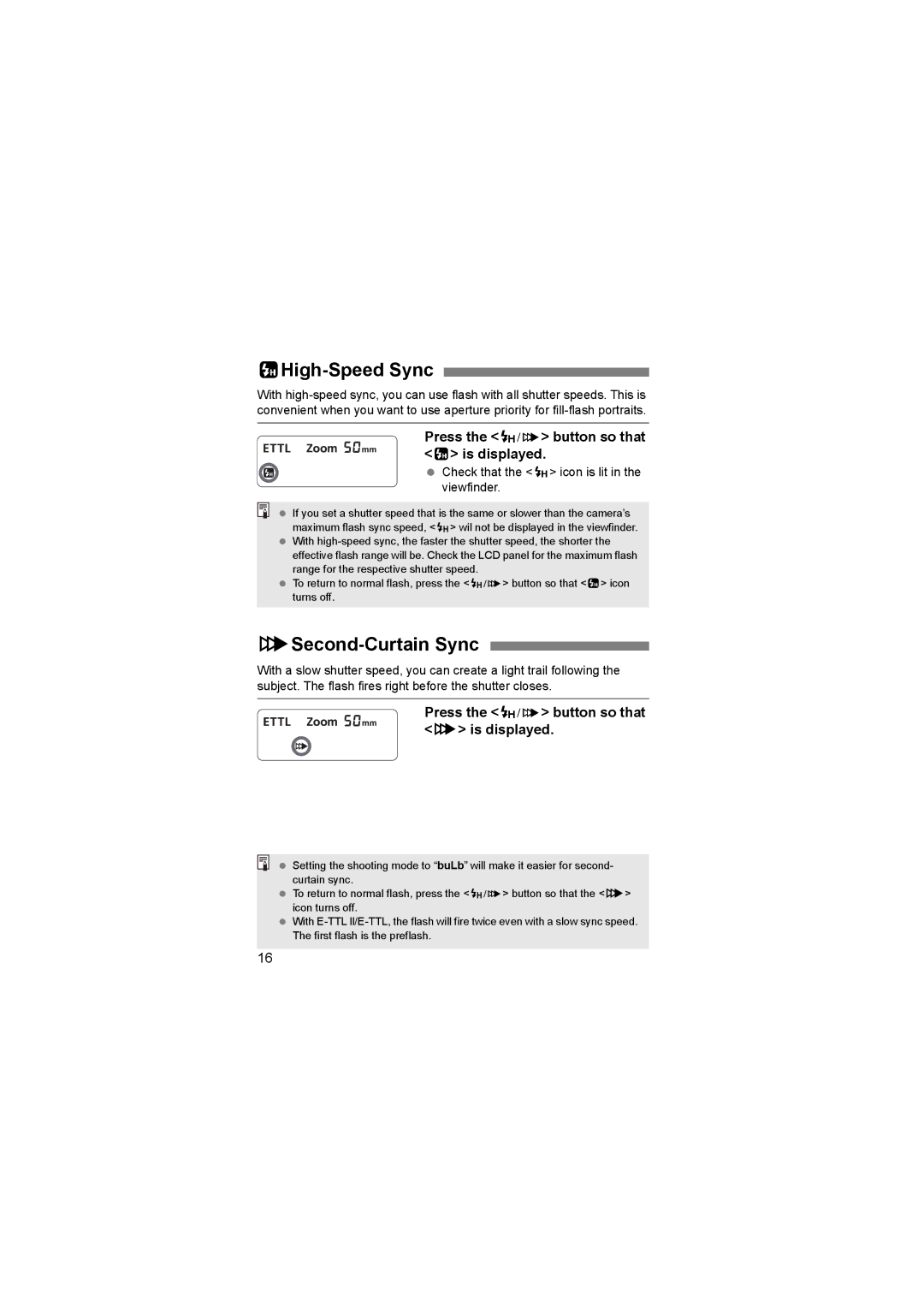 Canon 2805B002 manual CHigh-Speed Sync, RSecond-Curtain Sync, Press the E button so that c is displayed 