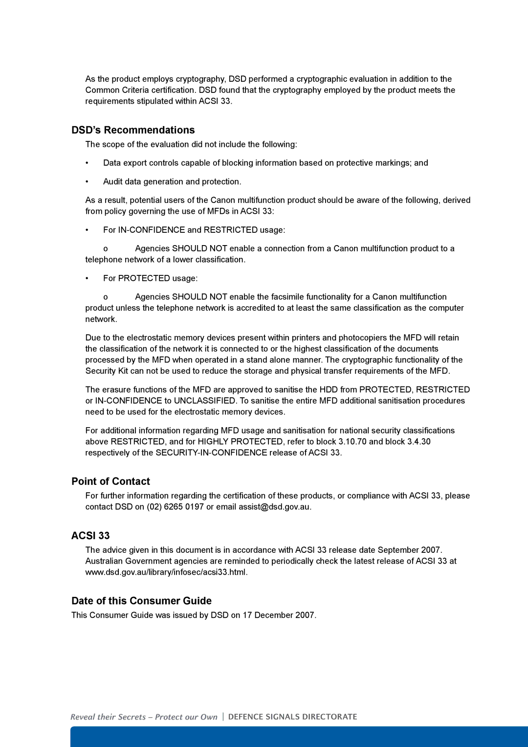 Canon 4570, 2870, 2270 manual DSD’s Recommendations, Point of Contact, Date of this Consumer Guide 