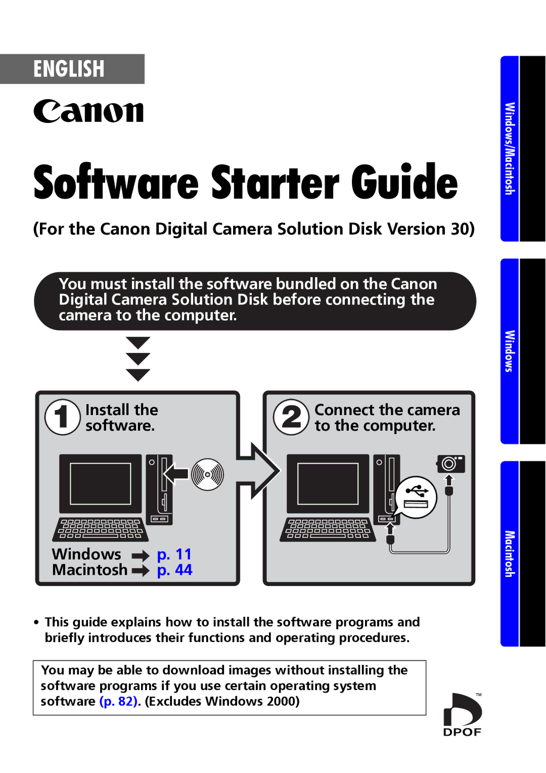 Canon 30 manual Software Starter Guide, For the Canon Digital Camera Solution Disk Version 