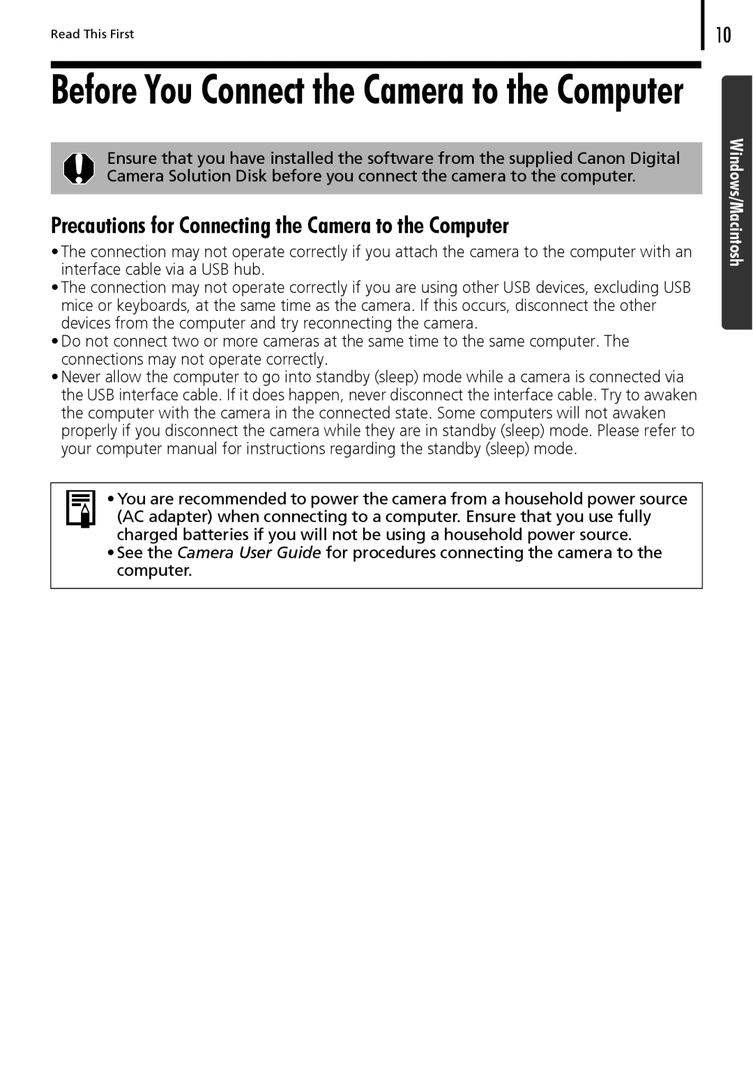 Canon 30 manual Before You Connect the Camera to the Computer, Precautions for Connecting the Camera to the Computer 