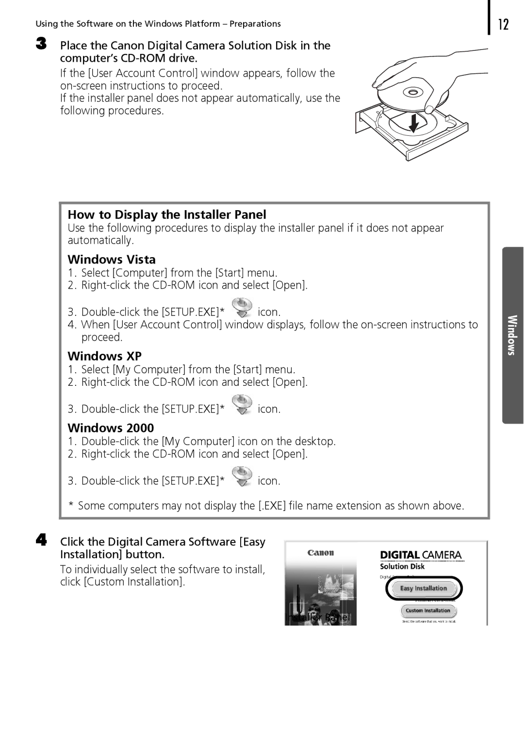 Canon 30 manual How to Display the Installer Panel, Windows Vista, Windows XP 