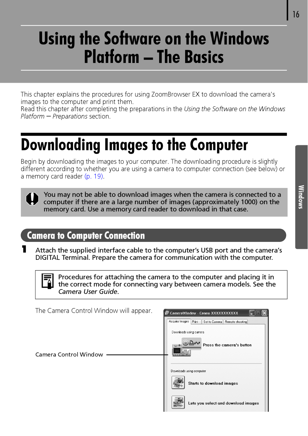 Canon 30 manual Platform The Basics, Camera to Computer Connection 