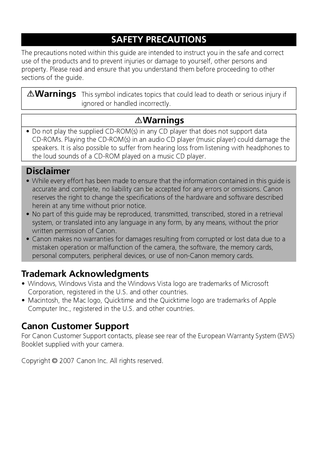 Canon 30 manual Safety Precautions 