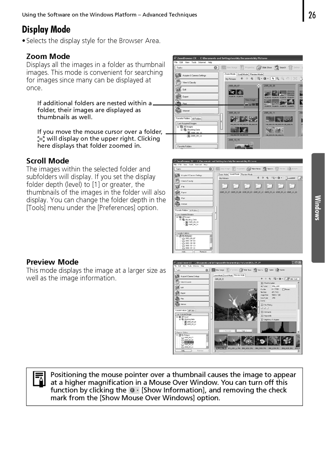 Canon 30 manual Display Mode, Zoom Mode, Scroll Mode, Preview Mode 