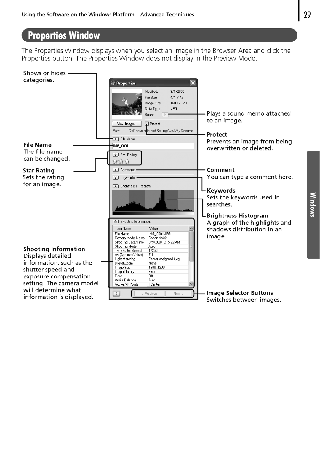 Canon 30 manual Properties Window 