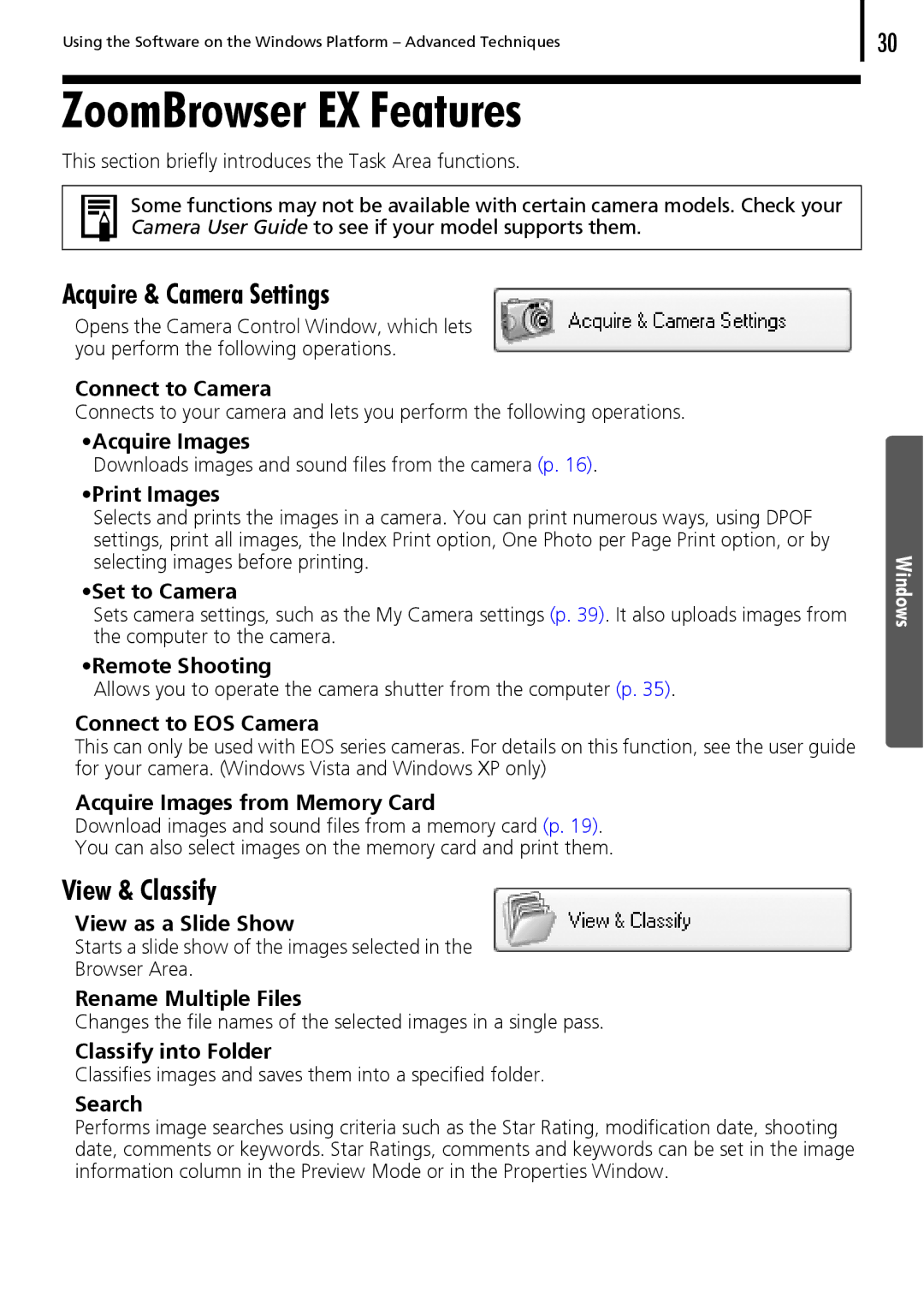 Canon 30 manual ZoomBrowser EX Features, Acquire & Camera Settings, View & Classify 