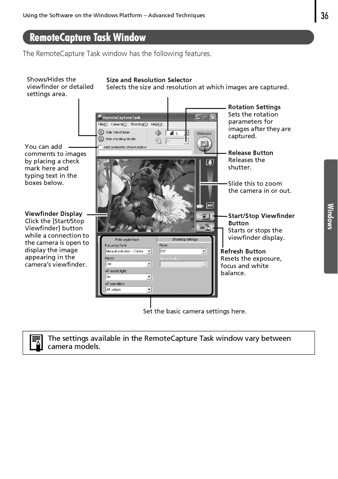 Canon 30 manual RemoteCapture Task Window, RemoteCapture Task window has the following features 