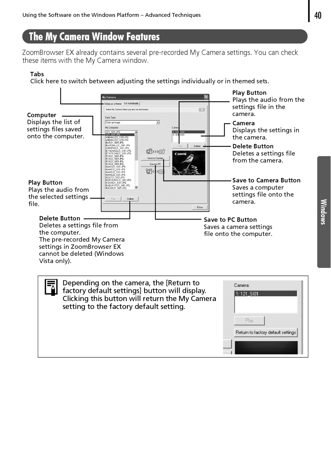 Canon 30 manual My Camera Window Features 