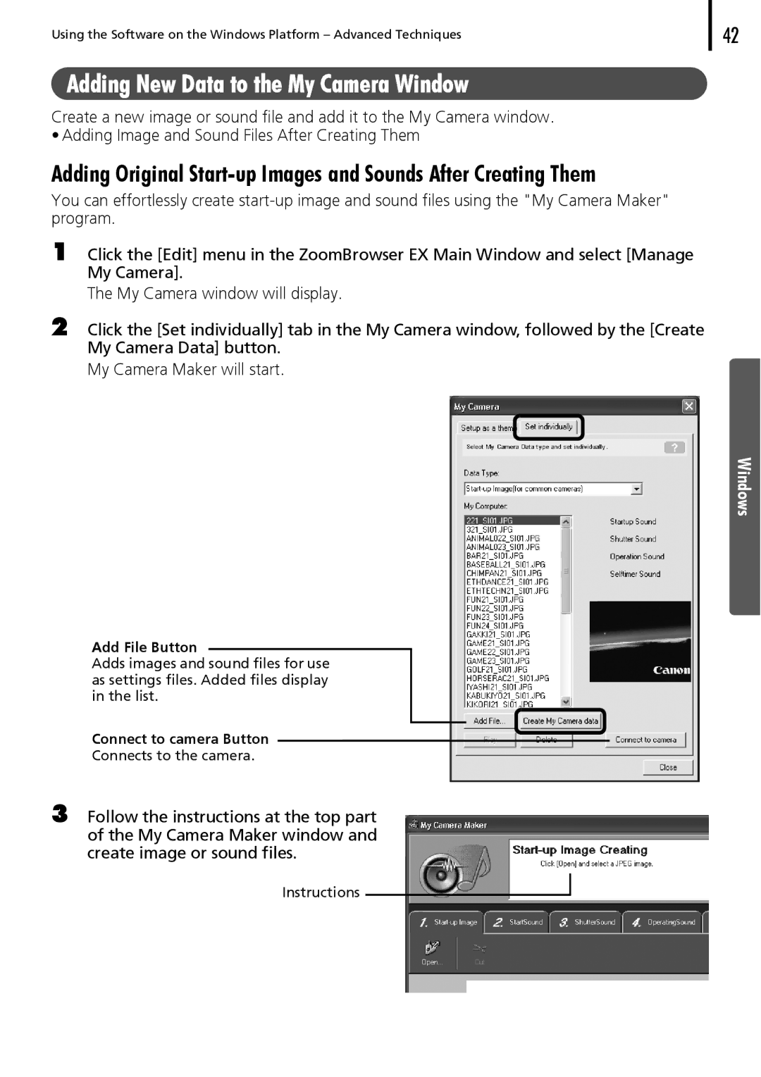 Canon 30 manual Adding New Data to the My Camera Window 