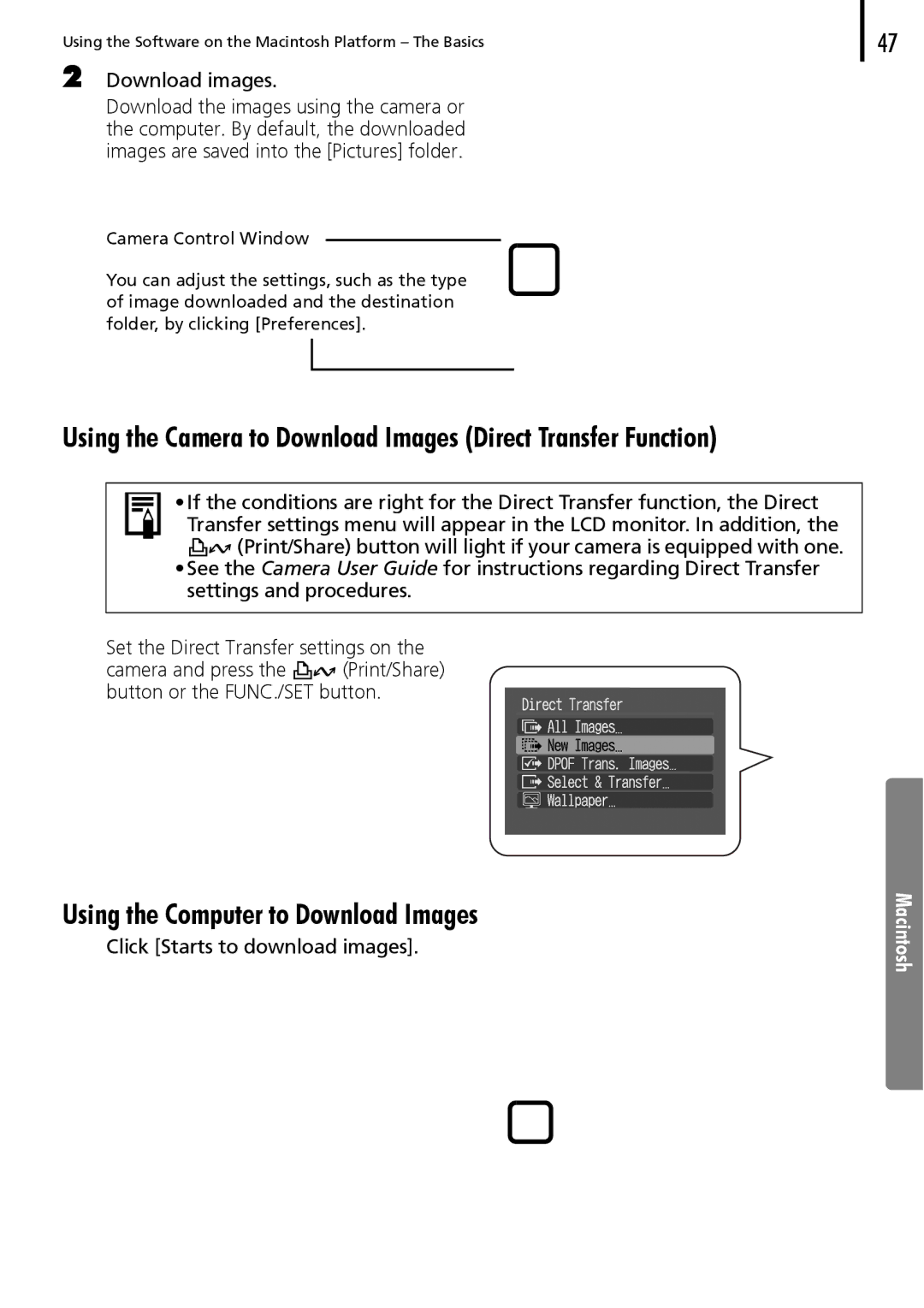 Canon 30 manual Using the Camera to Download Images Direct Transfer Function 