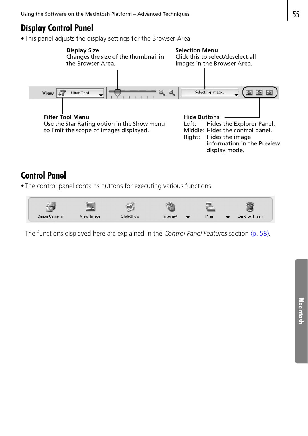 Canon 30 manual Control Panel, Display Size Selection Menu 