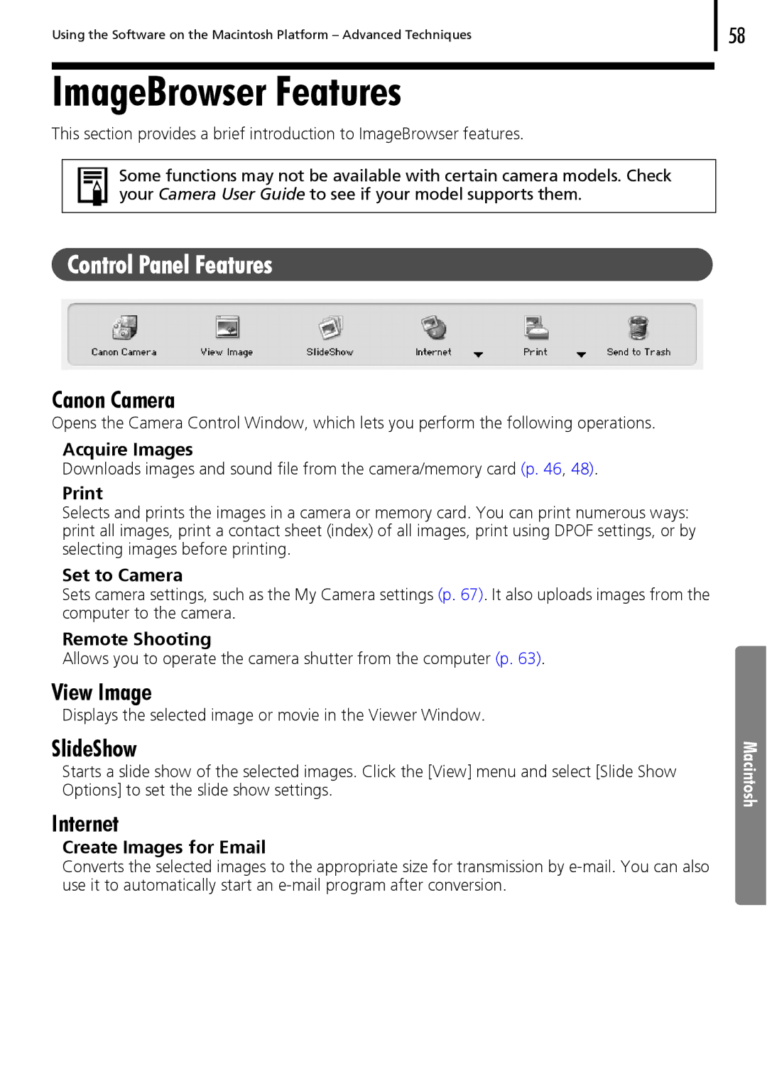 Canon 30 manual ImageBrowser Features, Control Panel Features, Canon Camera, View Image, SlideShow 