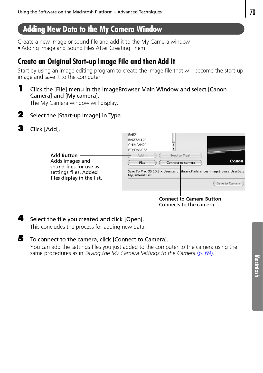 Canon 30 manual Adding New Data to the My Camera Window, Create an Original Start-up Image File and then Add It 