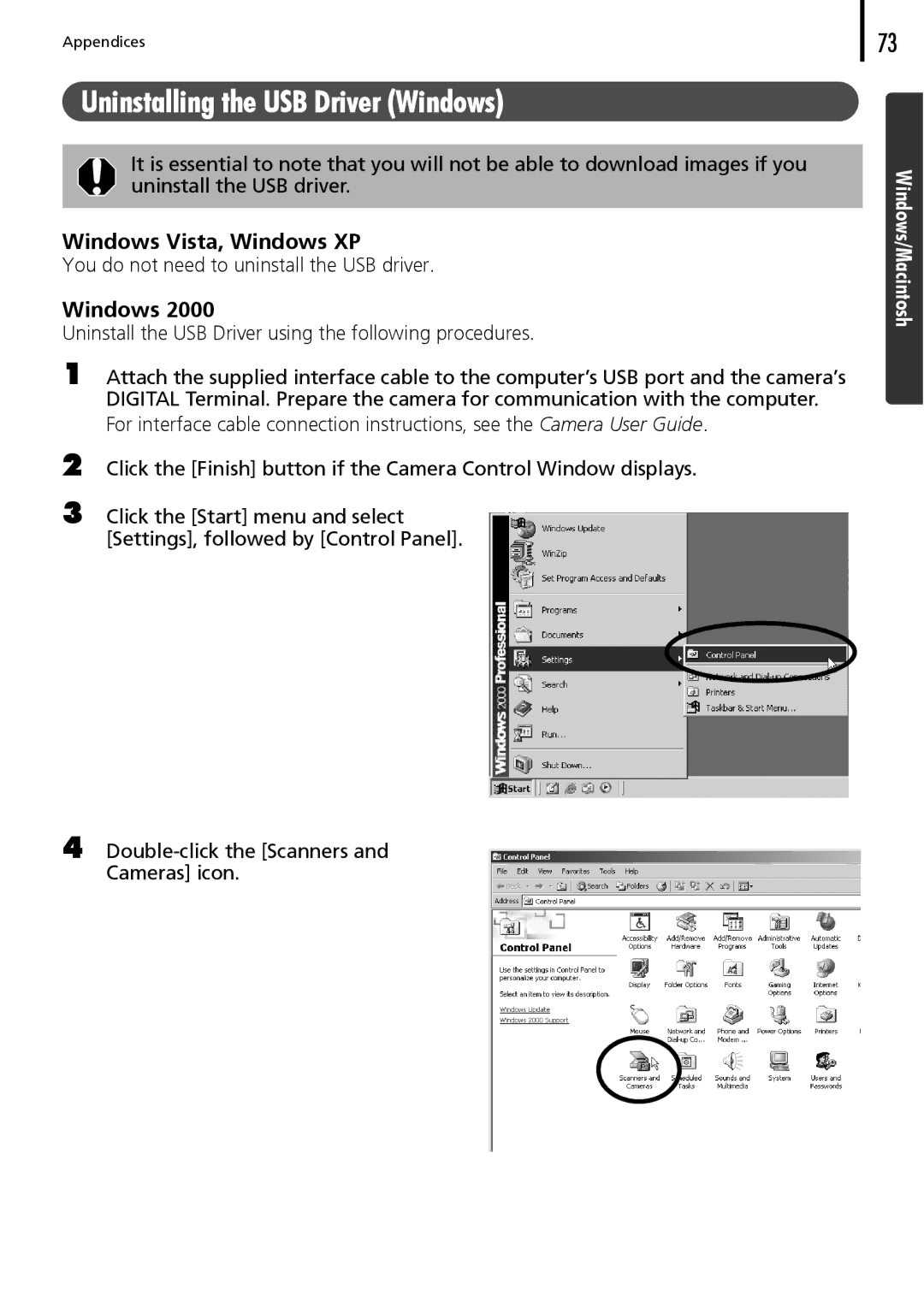 Canon 30 manual Uninstalling the USB Driver Windows 