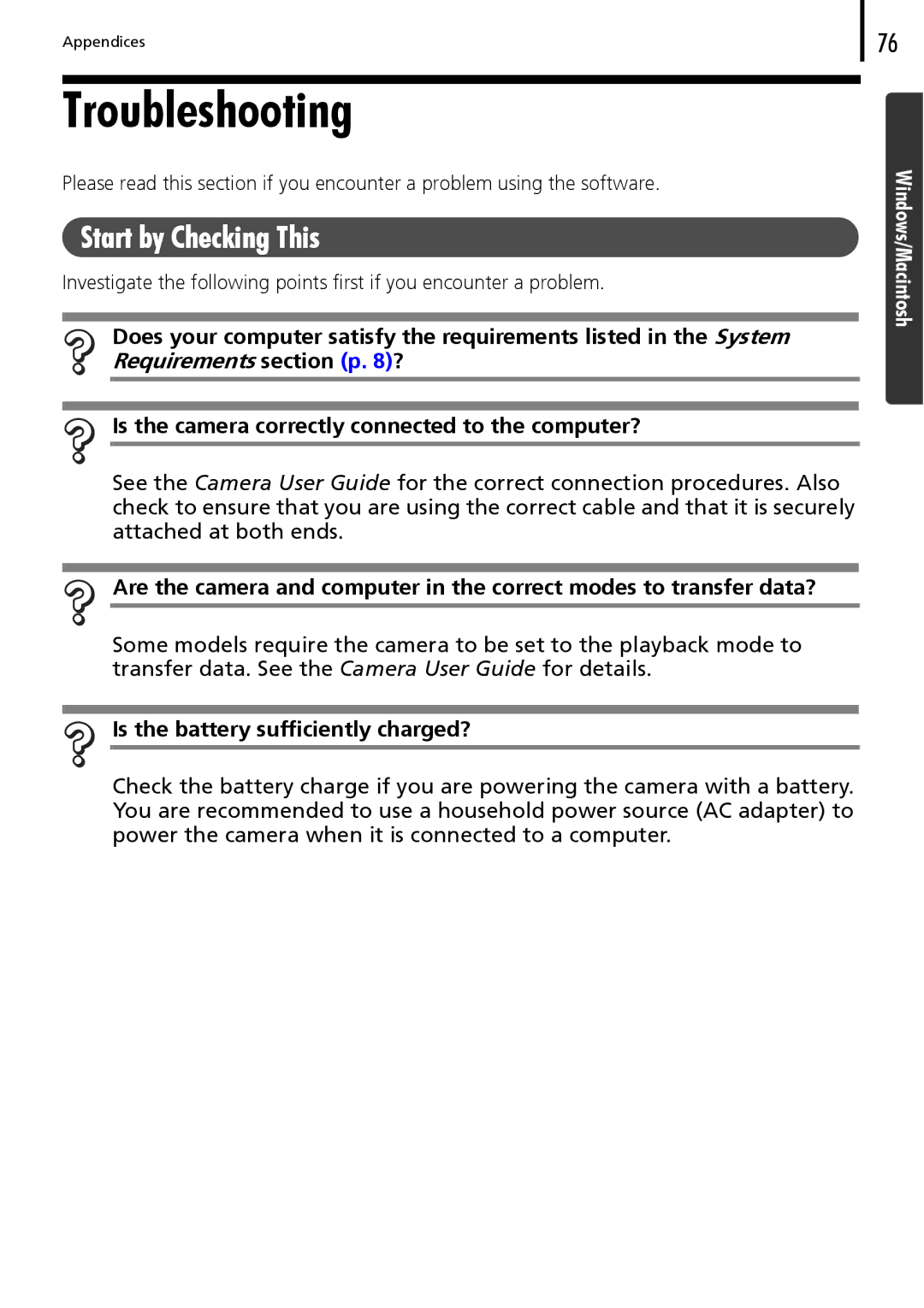 Canon 30 manual Troubleshooting, Start by Checking This, Is the battery sufficiently charged? 