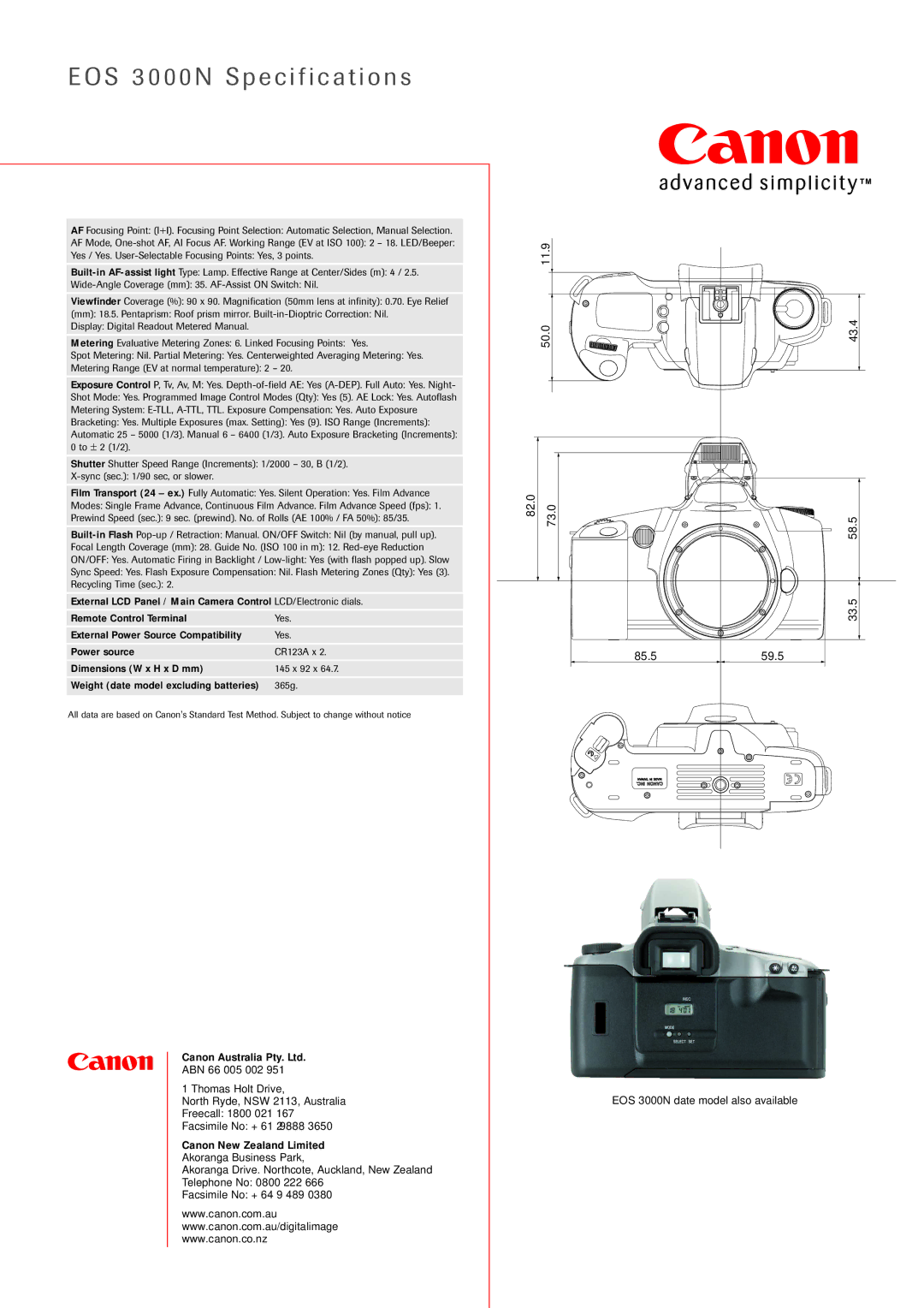 Canon 3000N manual S 3 0 0 0 N Specification s, 11.9 50.0 43.4 82.0 73.0 58.5 33.5 85.5 59.5 